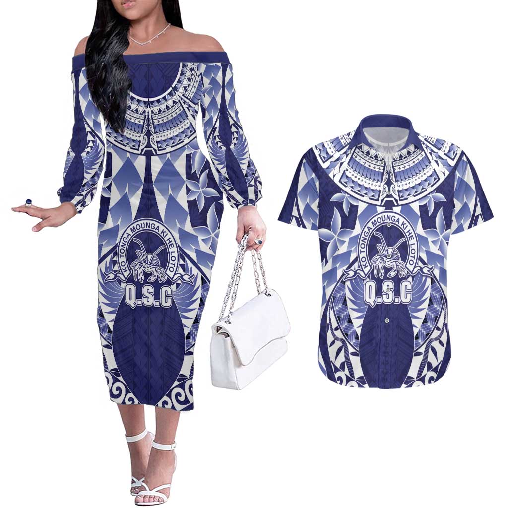 Personalised Tonga Queen Salote College Couples Matching Off The Shoulder Long Sleeve Dress and Hawaiian Shirt Centenary Navy Version