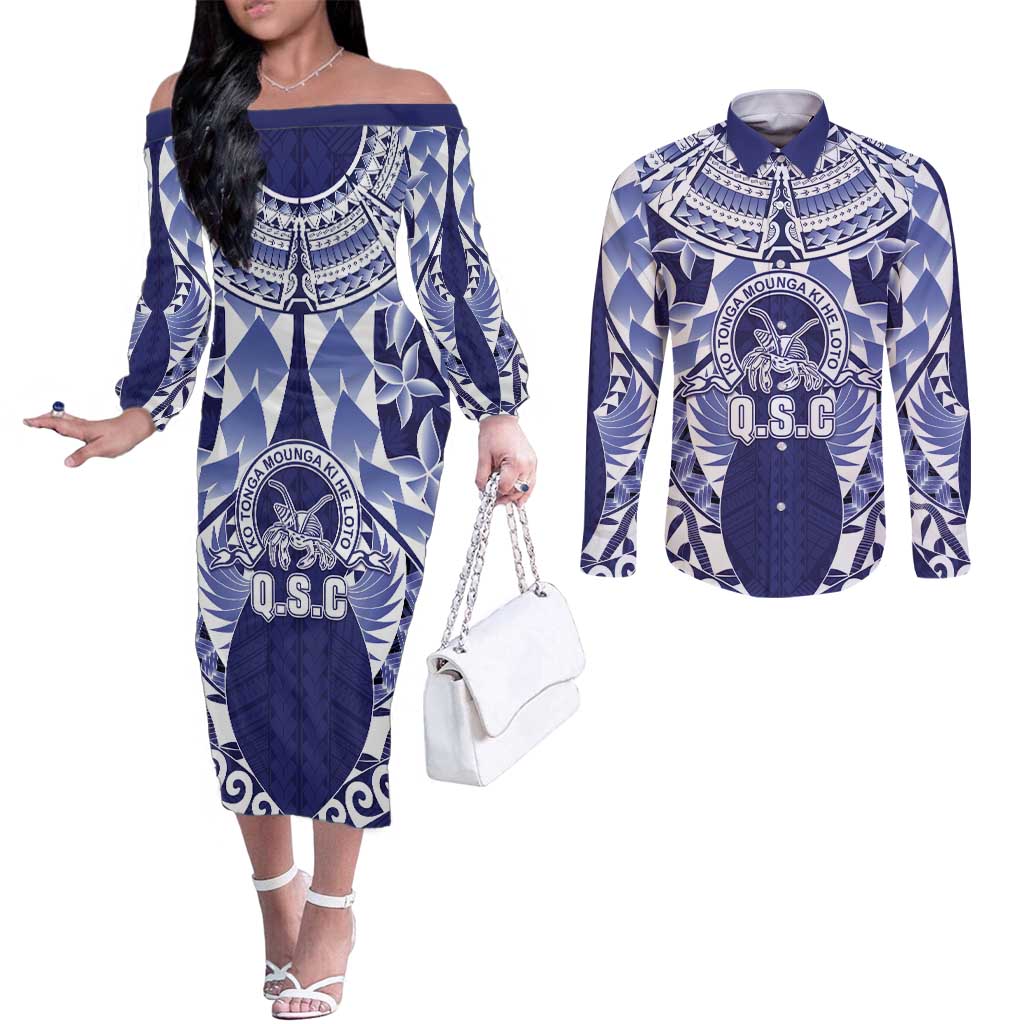 Personalised Tonga Queen Salote College Couples Matching Off The Shoulder Long Sleeve Dress and Long Sleeve Button Shirt Centenary Navy Version