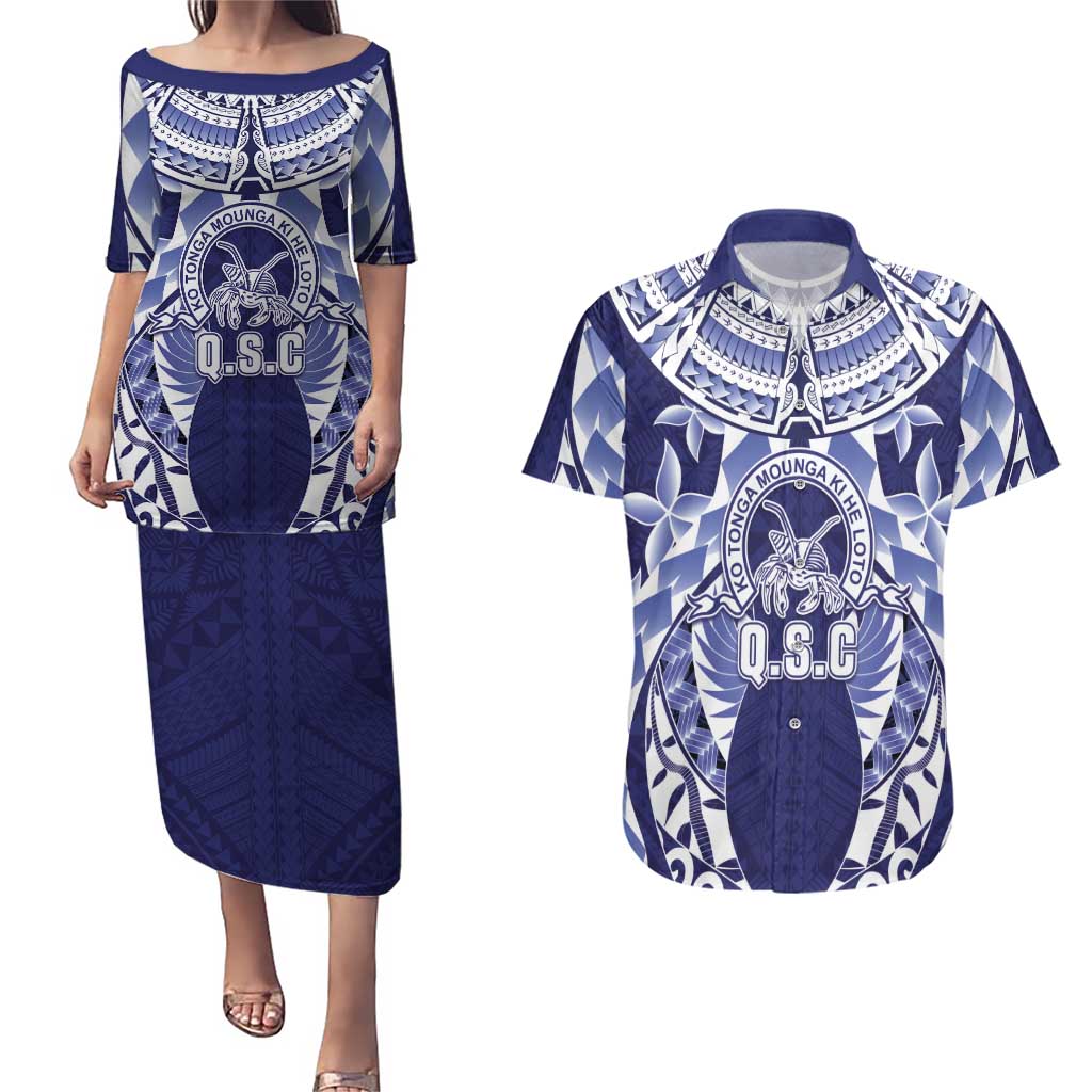 Personalised Tonga Queen Salote College Couples Matching Puletasi and Hawaiian Shirt Centenary Navy Version