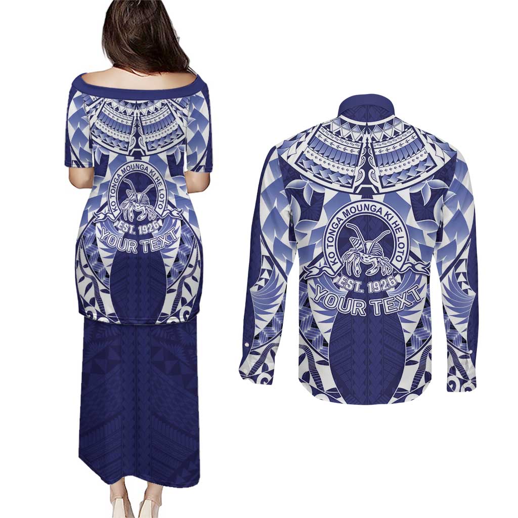 Personalised Tonga Queen Salote College Couples Matching Puletasi and Long Sleeve Button Shirt Centenary Navy Version LT05 - Polynesian Pride