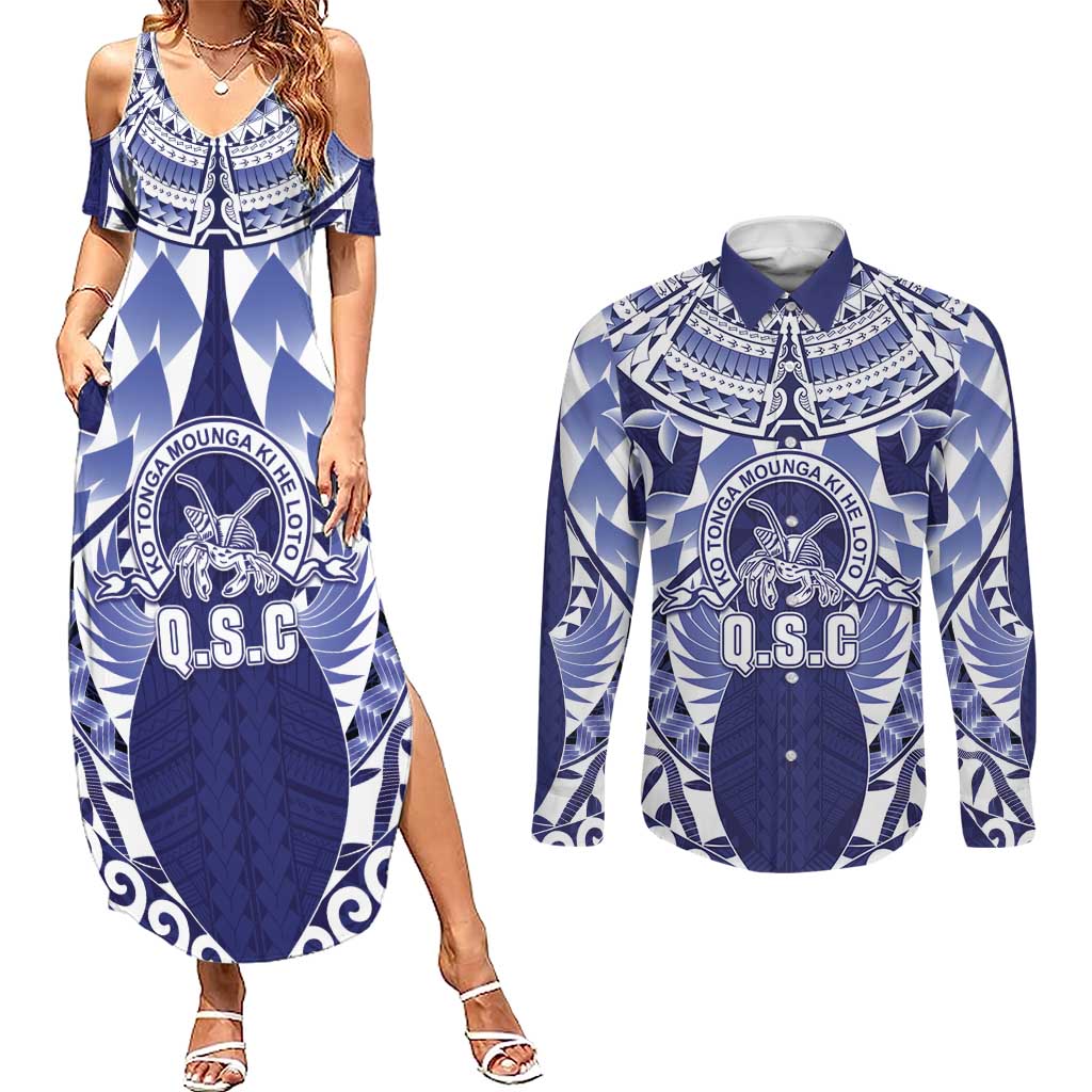 Personalised Tonga Queen Salote College Couples Matching Summer Maxi Dress and Long Sleeve Button Shirt Centenary Navy Version