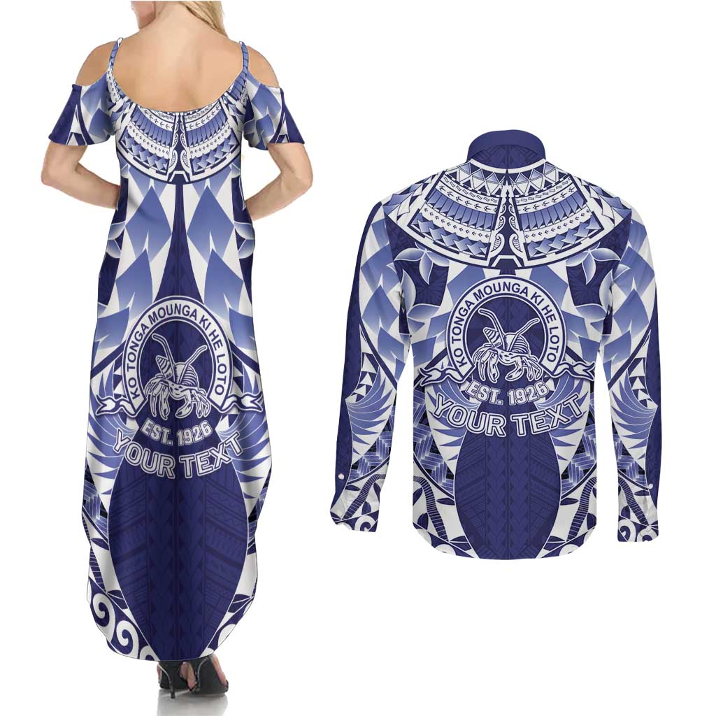 Personalised Tonga Queen Salote College Couples Matching Summer Maxi Dress and Long Sleeve Button Shirt Centenary Navy Version