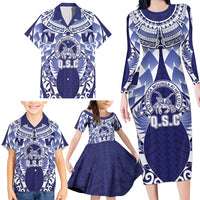 Personalised Tonga Queen Salote College Family Matching Long Sleeve Bodycon Dress and Hawaiian Shirt Centenary Navy Version