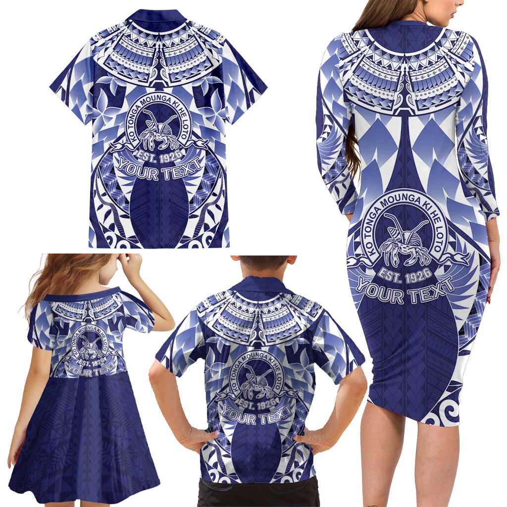 Personalised Tonga Queen Salote College Family Matching Long Sleeve Bodycon Dress and Hawaiian Shirt Centenary Navy Version