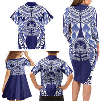 Personalised Tonga Queen Salote College Family Matching Long Sleeve Bodycon Dress and Hawaiian Shirt Centenary Navy Version