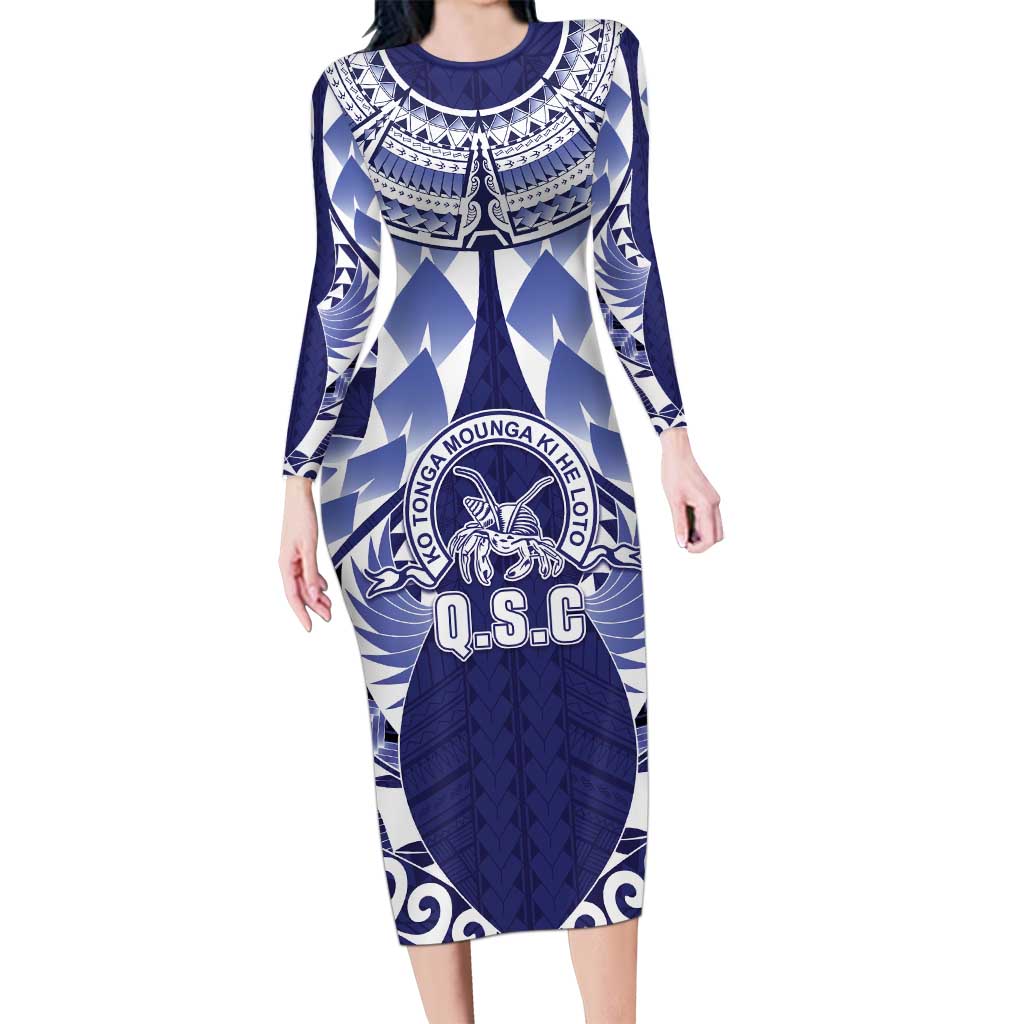 Personalised Tonga Queen Salote College Family Matching Long Sleeve Bodycon Dress and Hawaiian Shirt Centenary Navy Version