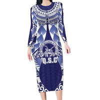 Personalised Tonga Queen Salote College Family Matching Long Sleeve Bodycon Dress and Hawaiian Shirt Centenary Navy Version