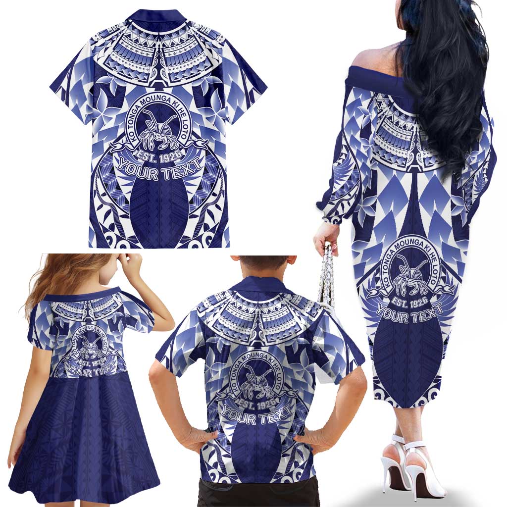 Personalised Tonga Queen Salote College Family Matching Off The Shoulder Long Sleeve Dress and Hawaiian Shirt Centenary Navy Version