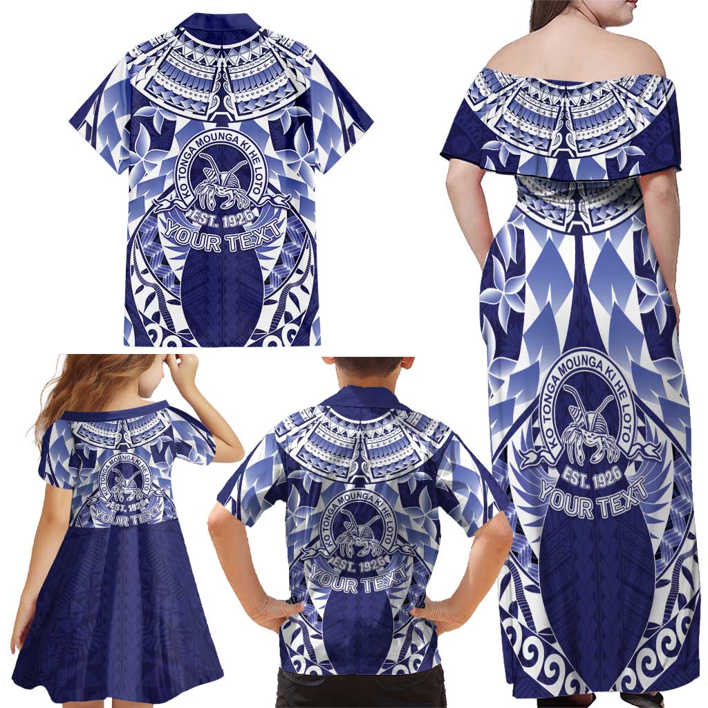 Personalised Tonga Queen Salote College Family Matching Off Shoulder Maxi Dress and Hawaiian Shirt Centenary Navy Version