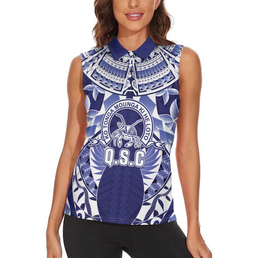 Personalised Tonga Queen Salote College Women Sleeveless Polo Shirt Centenary Navy Version LT05 - Polynesian Pride
