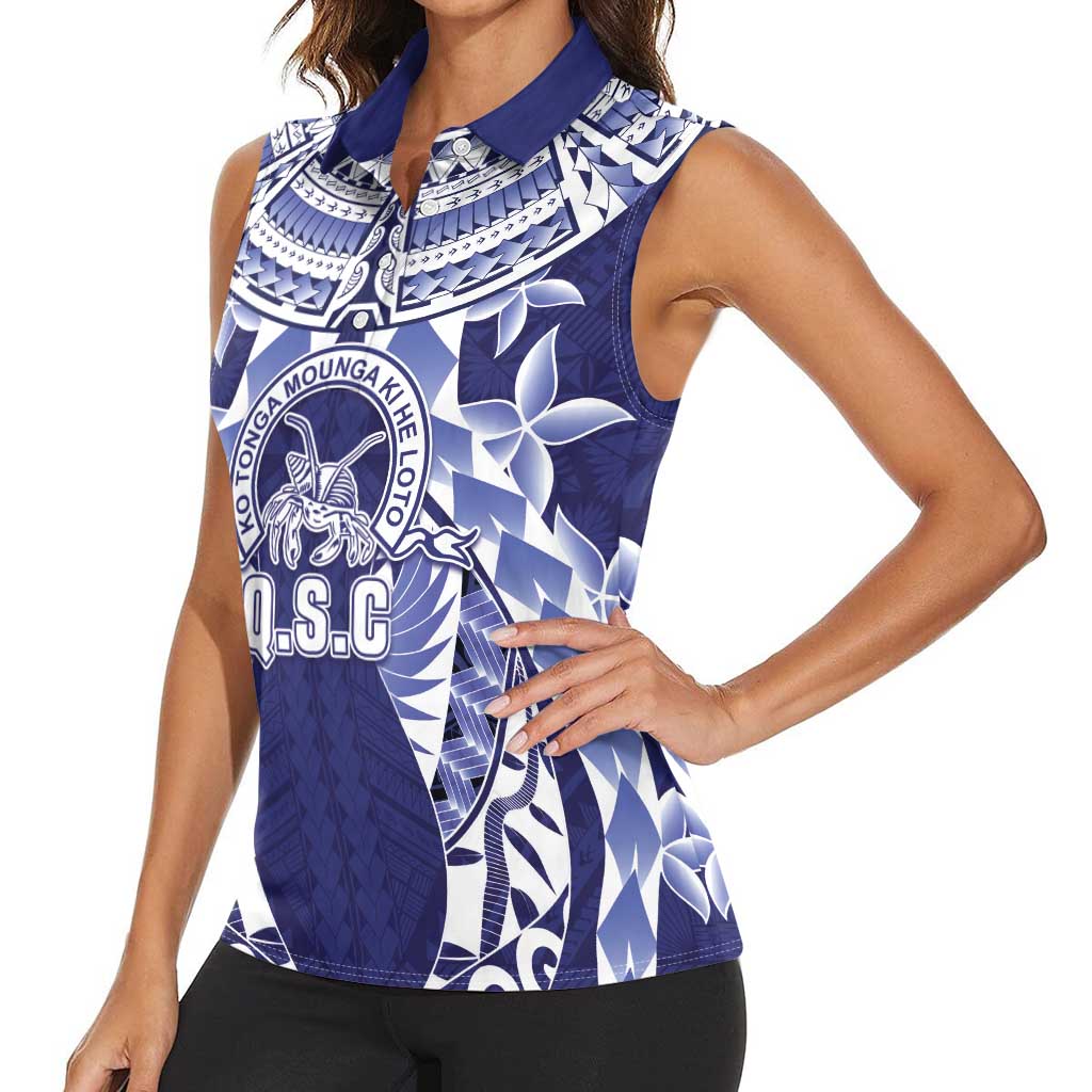 Personalised Tonga Queen Salote College Women Sleeveless Polo Shirt Centenary Navy Version LT05 - Polynesian Pride