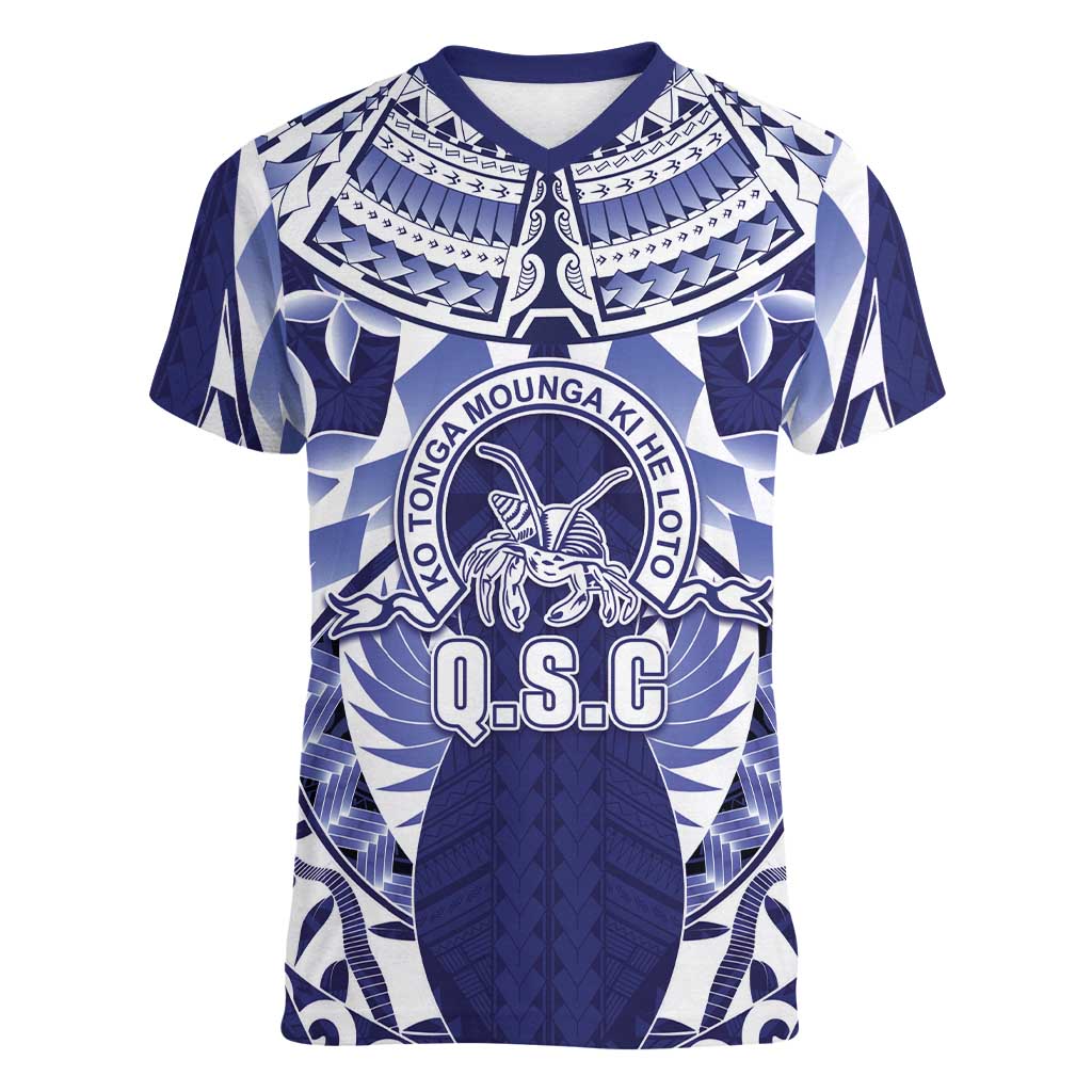 Personalised Tonga Queen Salote College Women V-Neck T-Shirt Centenary Navy Version LT05 Female Navy - Polynesian Pride
