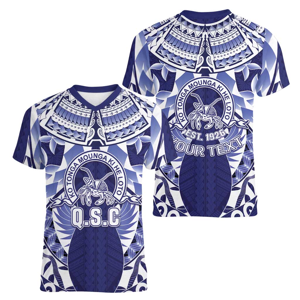 Personalised Tonga Queen Salote College Women V-Neck T-Shirt Centenary Navy Version LT05 - Polynesian Pride