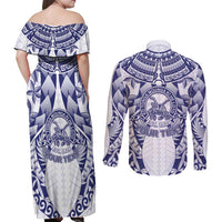 Personalised Tonga Queen Salote College Couples Matching Off Shoulder Maxi Dress and Long Sleeve Button Shirt Centenary White Version