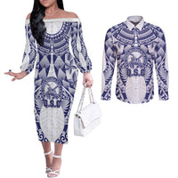 Personalised Tonga Queen Salote College Couples Matching Off The Shoulder Long Sleeve Dress and Long Sleeve Button Shirt Centenary White Version LT05 White - Polynesian Pride