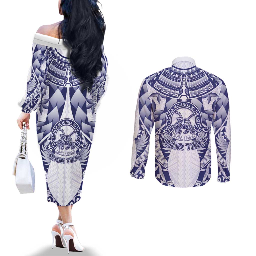 Personalised Tonga Queen Salote College Couples Matching Off The Shoulder Long Sleeve Dress and Long Sleeve Button Shirt Centenary White Version LT05 - Polynesian Pride