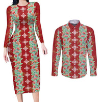 Hawaii Ohia Lehua Couples Matching Long Sleeve Bodycon Dress and Long Sleeve Button Shirt Tropical Vibes Crimson