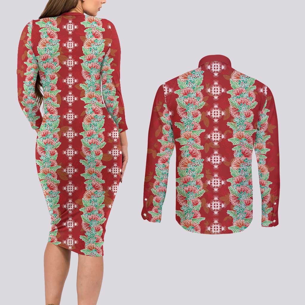 Hawaii Ohia Lehua Couples Matching Long Sleeve Bodycon Dress and Long Sleeve Button Shirt Tropical Vibes Crimson