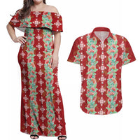 Hawaii Ohia Lehua Couples Matching Off Shoulder Maxi Dress and Hawaiian Shirt Tropical Vibes Crimson
