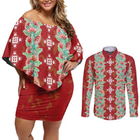 Hawaii Ohia Lehua Couples Matching Off Shoulder Short Dress and Long Sleeve Button Shirt Tropical Vibes Crimson