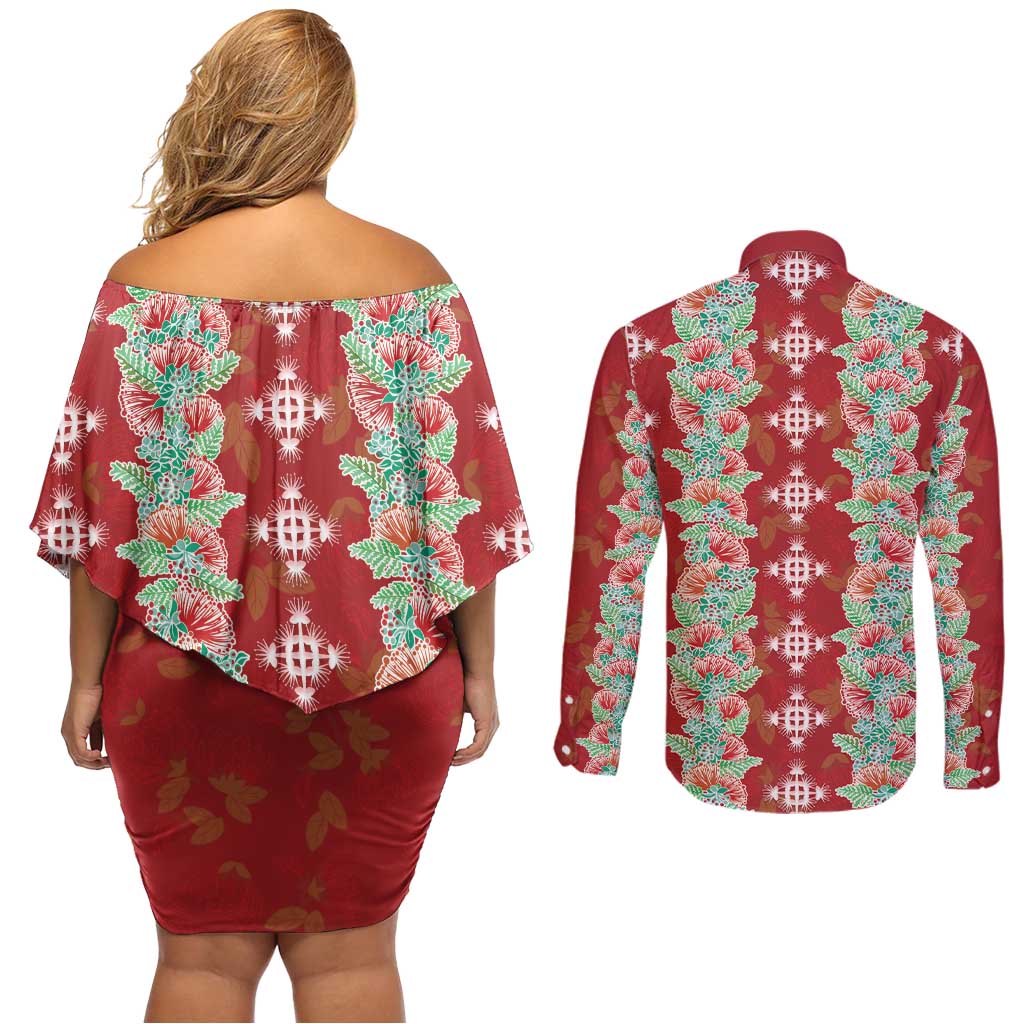 Hawaii Ohia Lehua Couples Matching Off Shoulder Short Dress and Long Sleeve Button Shirt Tropical Vibes Crimson