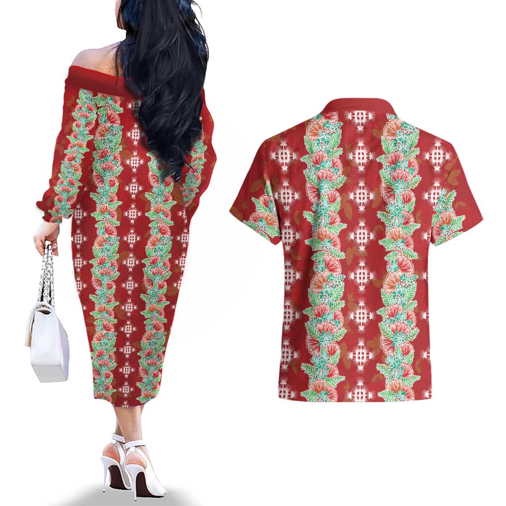 Hawaii Ohia Lehua Couples Matching Off The Shoulder Long Sleeve Dress and Hawaiian Shirt Tropical Vibes Crimson