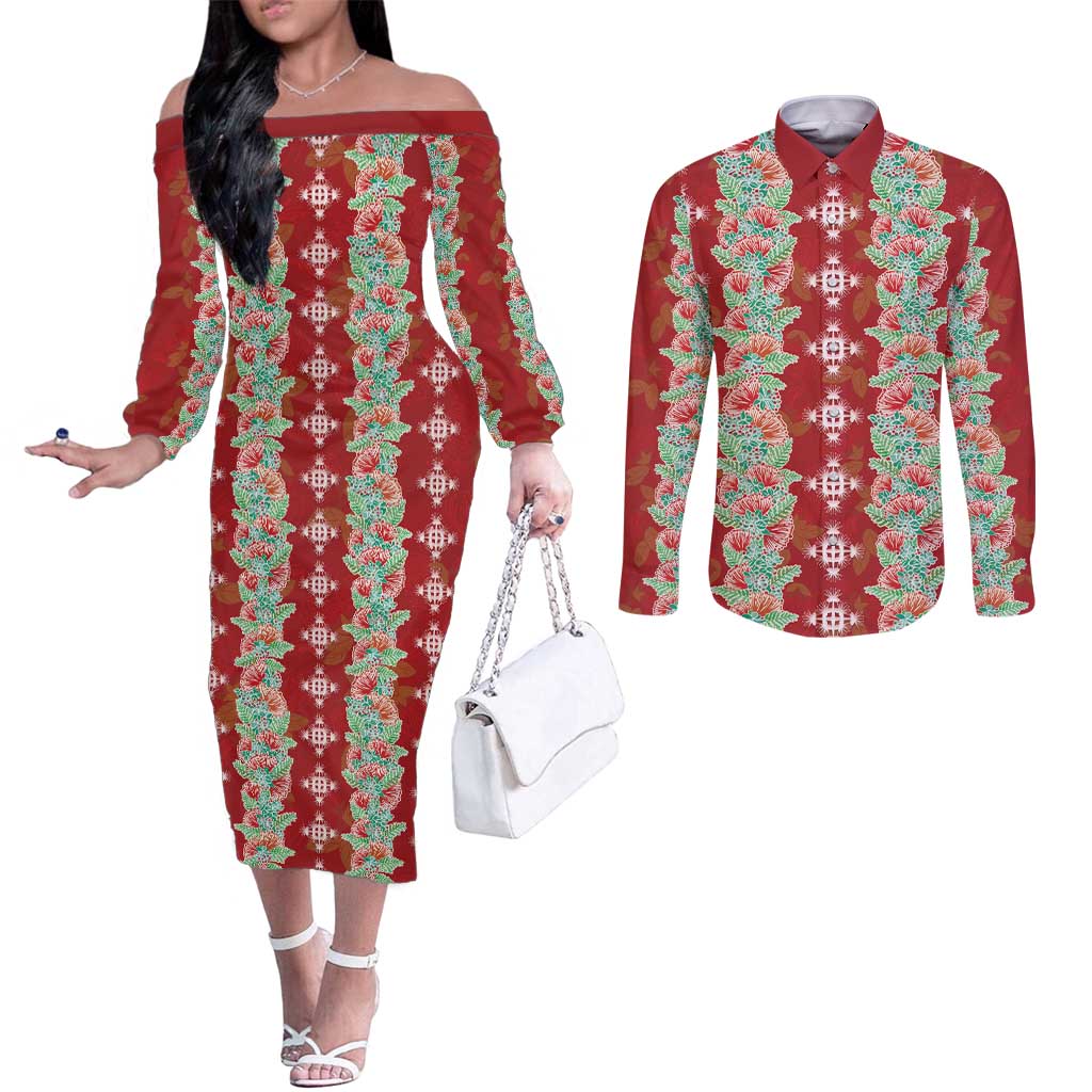 Hawaii Ohia Lehua Couples Matching Off The Shoulder Long Sleeve Dress and Long Sleeve Button Shirt Tropical Vibes Crimson