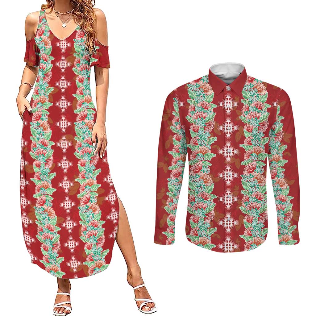 Hawaii Ohia Lehua Couples Matching Summer Maxi Dress and Long Sleeve Button Shirt Tropical Vibes Crimson