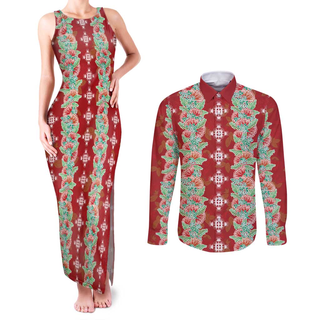 Hawaii Ohia Lehua Couples Matching Tank Maxi Dress and Long Sleeve Button Shirt Tropical Vibes Crimson