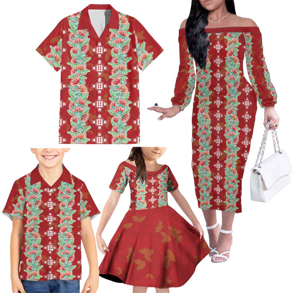 Hawaii Ohia Lehua Family Matching Off The Shoulder Long Sleeve Dress and Hawaiian Shirt Tropical Vibes Crimson