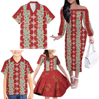 Hawaii Ohia Lehua Family Matching Off The Shoulder Long Sleeve Dress and Hawaiian Shirt Tropical Vibes Crimson