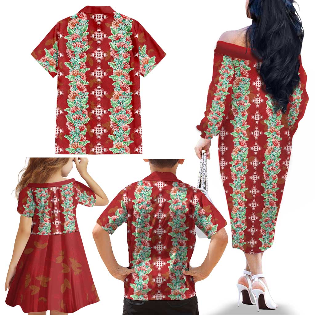 Hawaii Ohia Lehua Family Matching Off The Shoulder Long Sleeve Dress and Hawaiian Shirt Tropical Vibes Crimson
