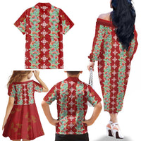 Hawaii Ohia Lehua Family Matching Off The Shoulder Long Sleeve Dress and Hawaiian Shirt Tropical Vibes Crimson