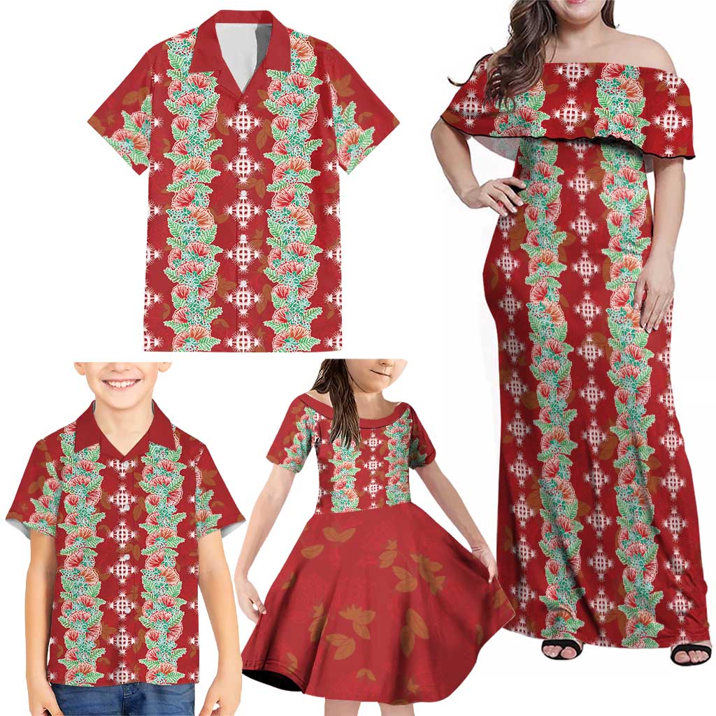 Hawaii Ohia Lehua Family Matching Off Shoulder Maxi Dress and Hawaiian Shirt Tropical Vibes Crimson