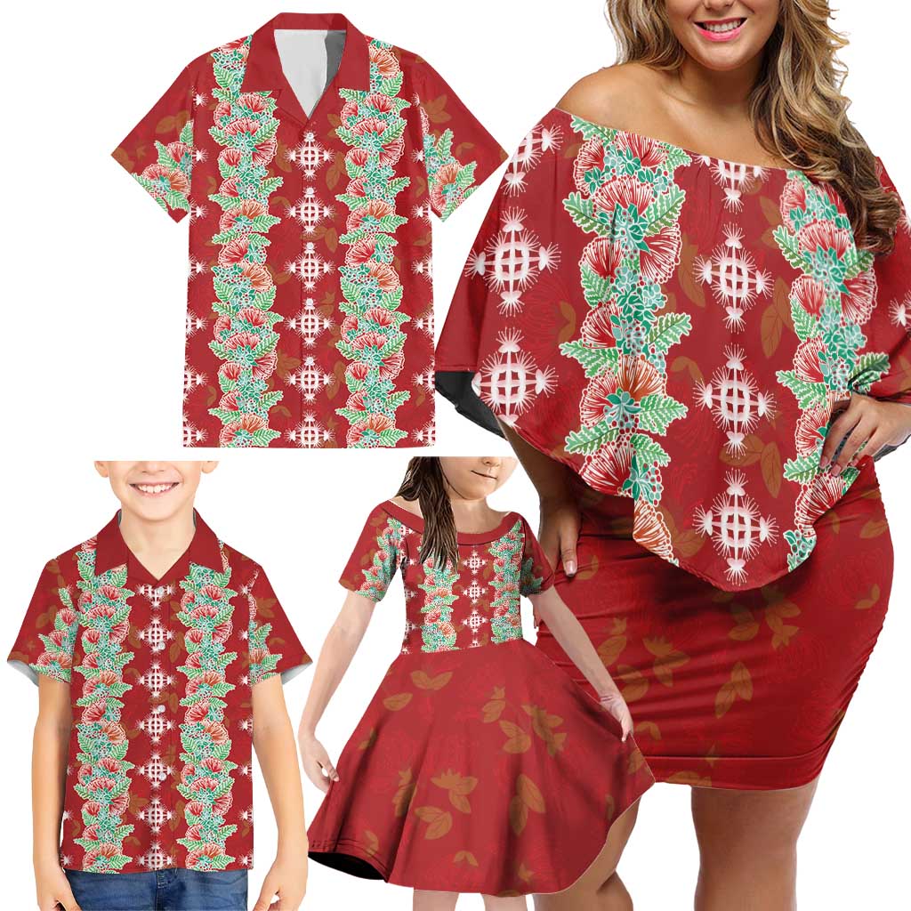 Hawaii Ohia Lehua Family Matching Off Shoulder Short Dress and Hawaiian Shirt Tropical Vibes Crimson
