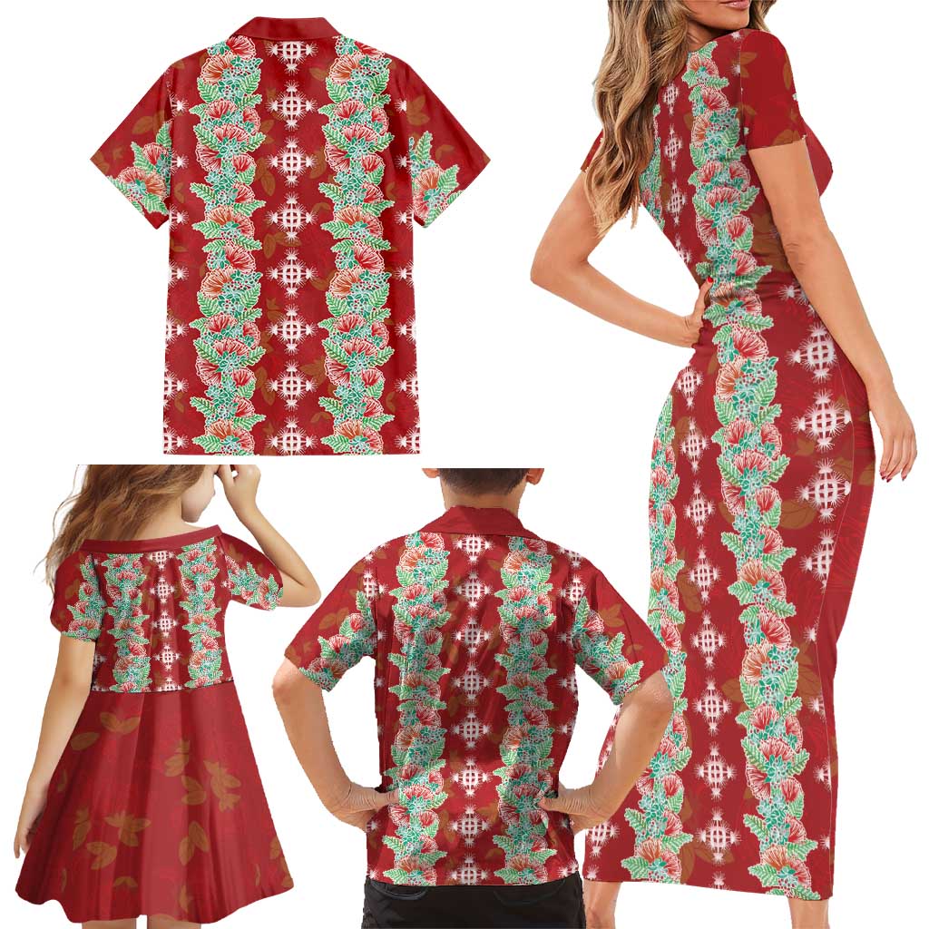 Hawaii Ohia Lehua Family Matching Short Sleeve Bodycon Dress and Hawaiian Shirt Tropical Vibes Crimson