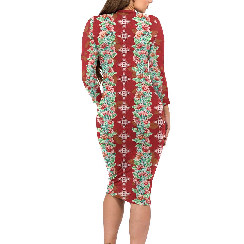 Hawaii Ohia Lehua Long Sleeve Bodycon Dress Tropical Vibes Crimson