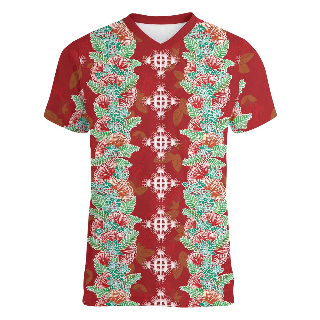 Hawaii Ohia Lehua Women V-Neck T-Shirt Tropical Vibes Crimson