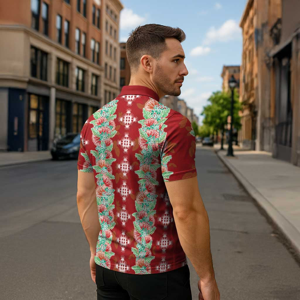 Hawaii Ohia Lehua Zipper Polo Shirt Tropical Vibes Crimson