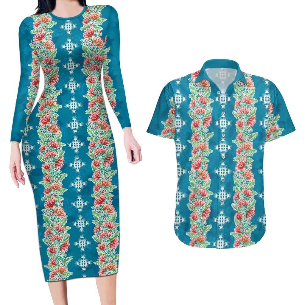 Hawaii Ohia Lehua Couples Matching Long Sleeve Bodycon Dress and Hawaiian Shirt Tropical Vibes Teal