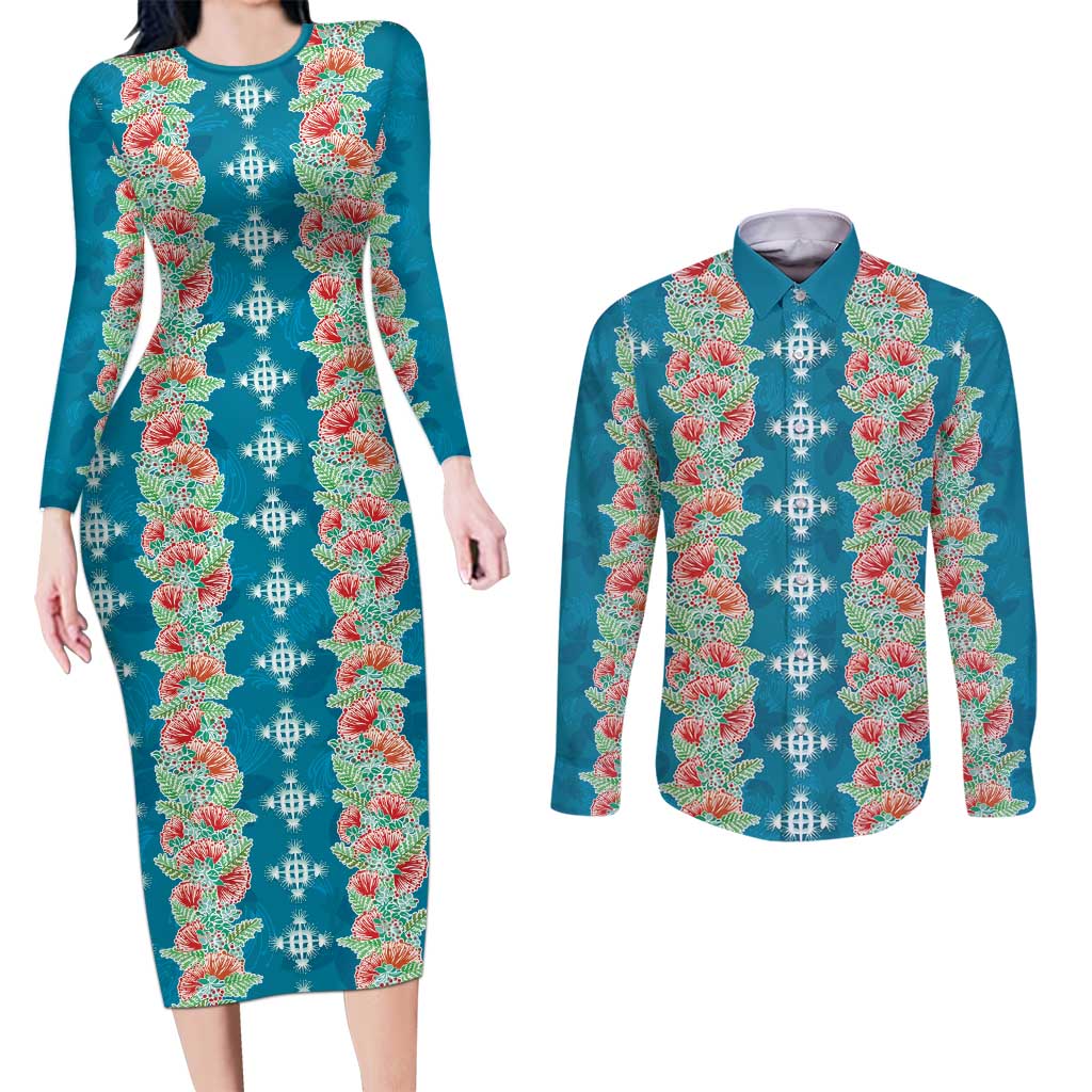 Hawaii Ohia Lehua Couples Matching Long Sleeve Bodycon Dress and Long Sleeve Button Shirt Tropical Vibes Teal
