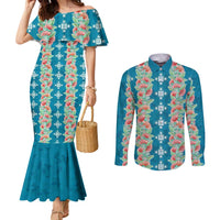 Hawaii Ohia Lehua Couples Matching Mermaid Dress and Long Sleeve Button Shirt Tropical Vibes Teal