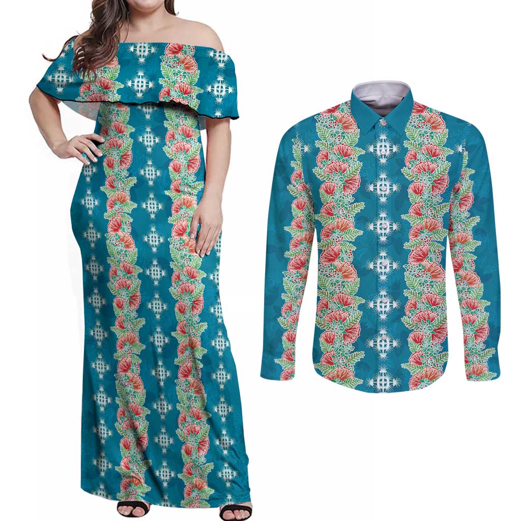 Hawaii Ohia Lehua Couples Matching Off Shoulder Maxi Dress and Long Sleeve Button Shirt Tropical Vibes Teal