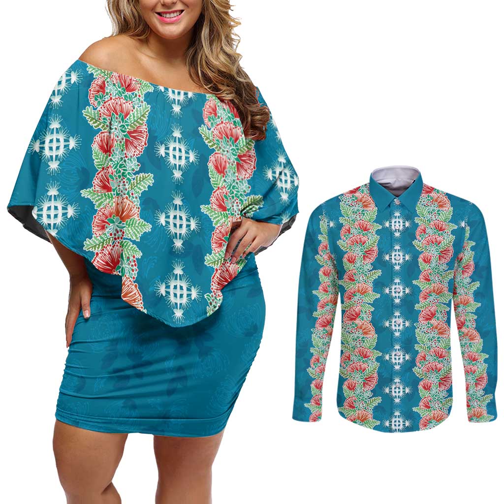 Hawaii Ohia Lehua Couples Matching Off Shoulder Short Dress and Long Sleeve Button Shirt Tropical Vibes Teal