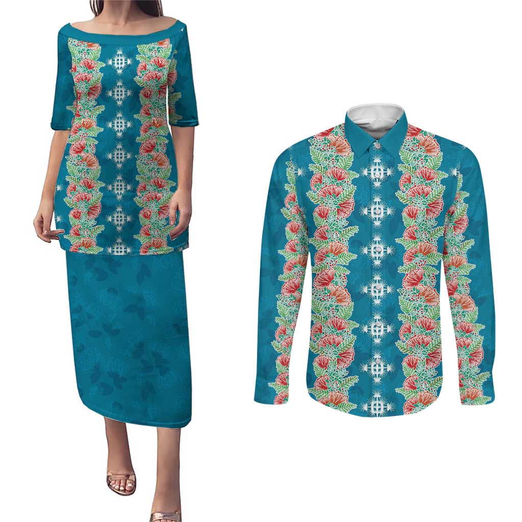Hawaii Ohia Lehua Couples Matching Puletasi and Long Sleeve Button Shirt Tropical Vibes Teal