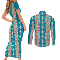 Hawaii Ohia Lehua Couples Matching Short Sleeve Bodycon Dress and Long Sleeve Button Shirt Tropical Vibes Teal