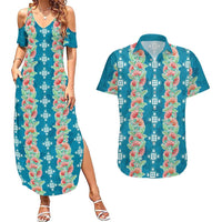 Hawaii Ohia Lehua Couples Matching Summer Maxi Dress and Hawaiian Shirt Tropical Vibes Teal