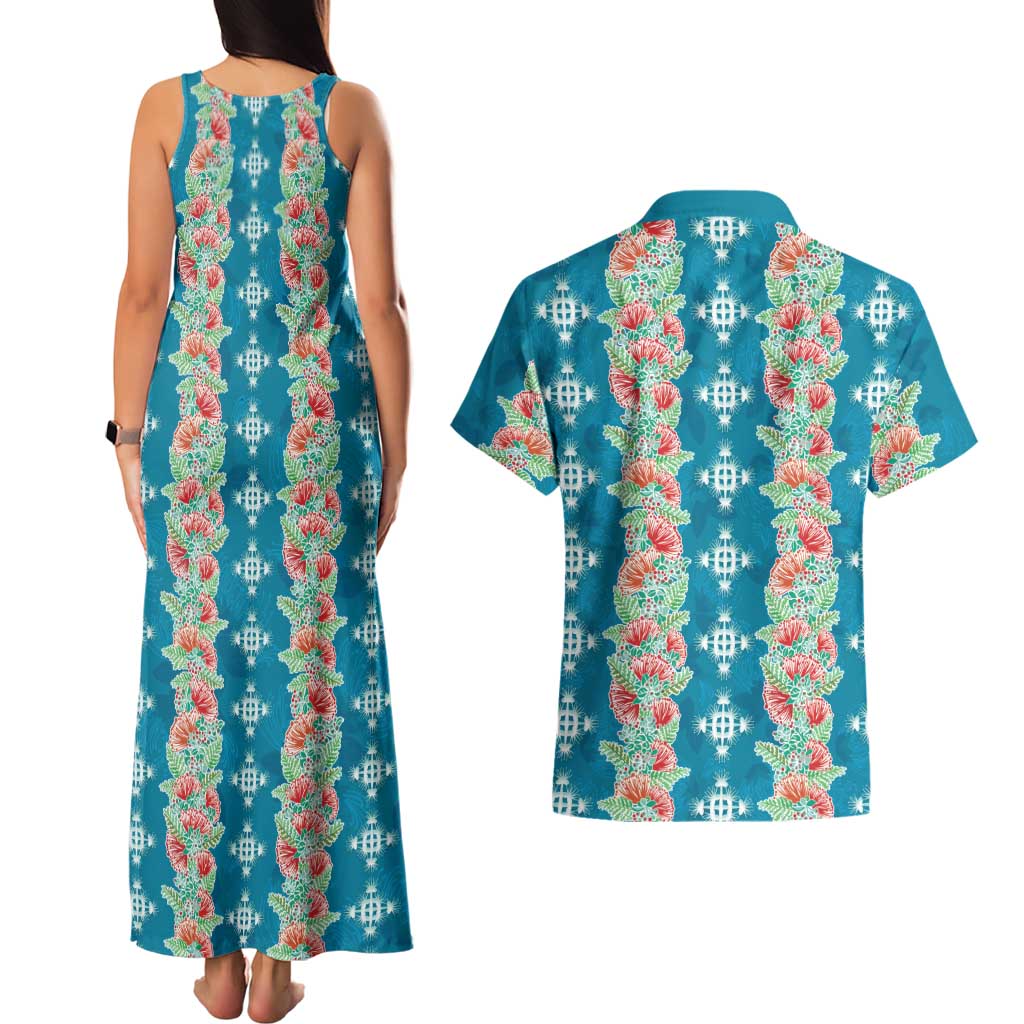 Hawaii Ohia Lehua Couples Matching Tank Maxi Dress and Hawaiian Shirt Tropical Vibes Teal
