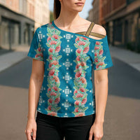 Hawaii Ohia Lehua Cross Shoulder Shirt Tropical Vibes Teal