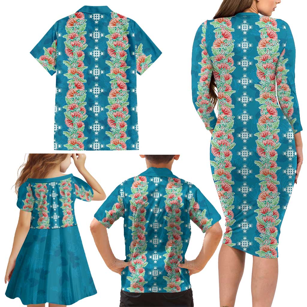 Hawaii Ohia Lehua Family Matching Long Sleeve Bodycon Dress and Hawaiian Shirt Tropical Vibes Teal